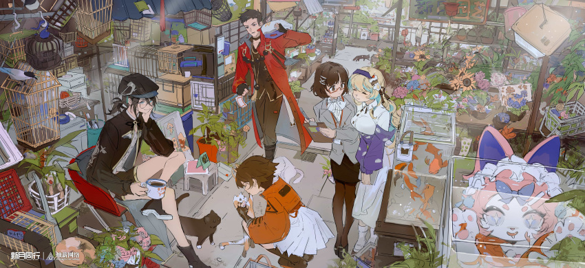 +_+, 1boy, 5girls, absurdres, against_glass, animal, birdcage, black_boots, black_cat, black_coat, black_eyes, black_hair, black_hat, black_pants, black_pantyhose, black_shirt, black_shoes, black_shorts, black_skirt, blonde_hair, boots, brown_hair, cage, calico_cat, carrying_over_shoulder, cat, clipboard, coat, copyright_name, crossed_legs, cup, dress, fish, fish_tank, flower, flower_pot, glasses, goldfish, grey_jacket, hat, highres, holding, holding_animal, holding_clipboard, holding_cup, holding_pen, hongpao_(xinyue_tongxing), indoors, jacket, lanyard, logo, long_hair, maque_(xinyue_tongxing), mascot_costume, miniskirt, mug, multiple_girls, official_art, on_chair, orange_jacket, pants, pantyhose, pen, pencil_skirt, plant, ponytail, potted_plant, purple_jacket, qianqiu_(xinyue_tongxing), red_coat, round_eyewear, scenery, shelf, shirt, shoes, short_hair, shorts, sitting, sketch, skirt, skirt_suit, squatting, standing, suit, wenjing_(xinyue_tongxing), white_boots, white_dress, white_skirt, wide_shot, xiaochun_(xinyue_tongxing), xingqiliu_(xinyue_tongxing), xinyue_tongxing