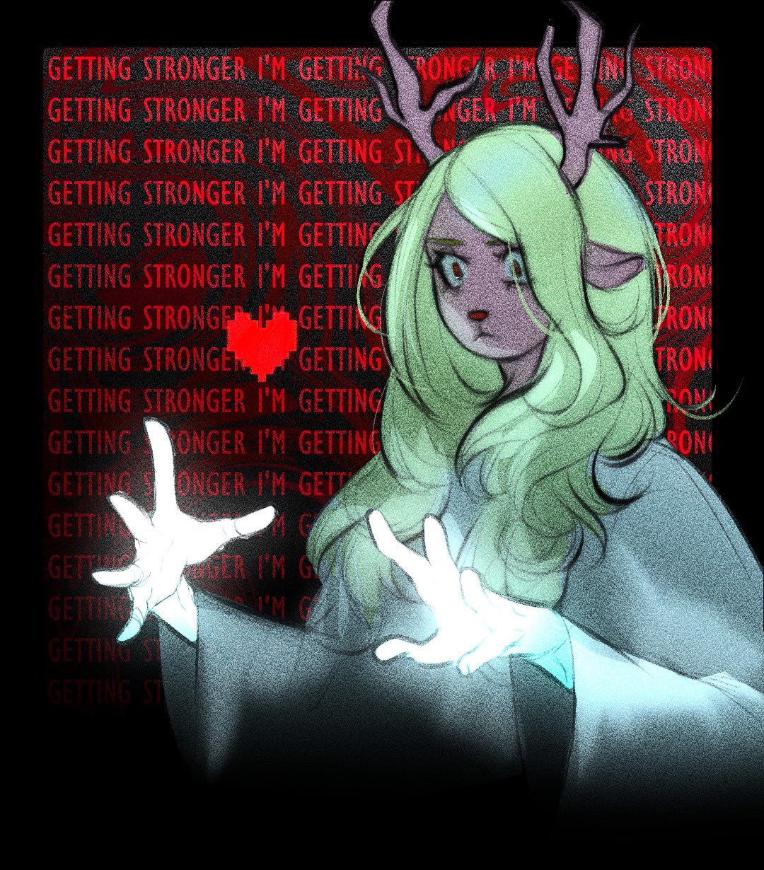 1girl, animal_ears, antlers, black_border, blonde_hair, border, commentary, deer_antlers, deer_ears, deer_girl, deltarune, english_text, furry, furry_female, gwenervi, hashtag-only_commentary, heart, highres, horns, long_hair, noelle_holiday, pixel_heart, red_eyes, robe, solo, weird_route_(deltarune), white_robe
