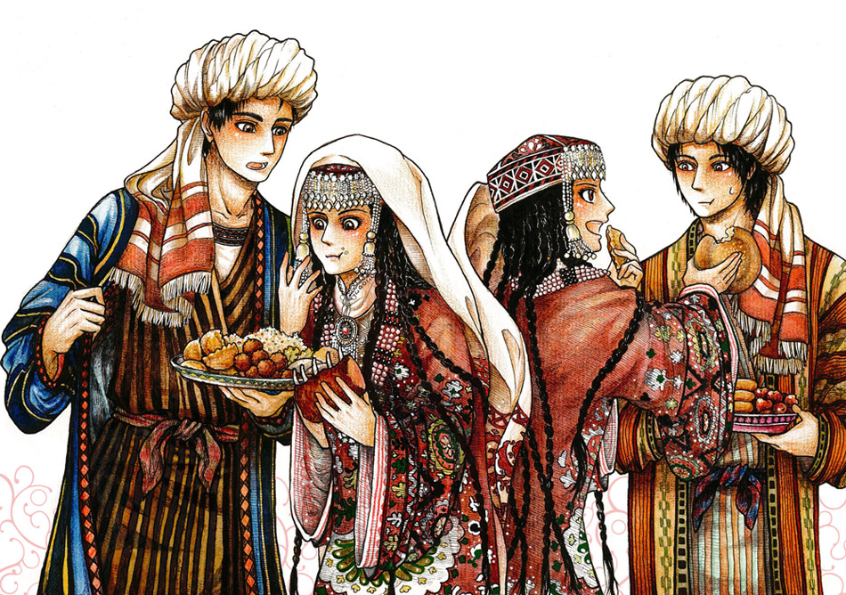 2boys, 2girls, black_hair, bread, brothers, brown_eyes, child_marriage, dumpling, eating, farsami, food, holding, holding_food, husband_and_wife, laila_(otoyomegatari), leyli_(otoyomegatari), long_braid, long_hair, looking_at_another, meat, multiple_boys, multiple_girls, narukoinu, open_mouth, otoyomegatari, ribs_(food), rice, sarmaan, sharing_food, siblings, sisters, tajik_clothes, twins, very_long_hair, white_background, white_turban