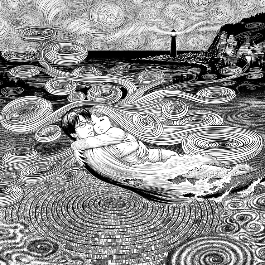 1boy, 1girl, album_cover, cape, closed_eyes, closed_mouth, cover, fingernails, glasses, goshima_kirie, greyscale, highres, hug, itou_junji, lighthouse, long_hair, long_sleeves, monochrome, ocean, rectangular_eyewear, saito_shuichi, short_hair, sky, spiral, spiral_hair, spirals, torn_cape, torn_clothes, tornado, uzumaki, very_long_hair