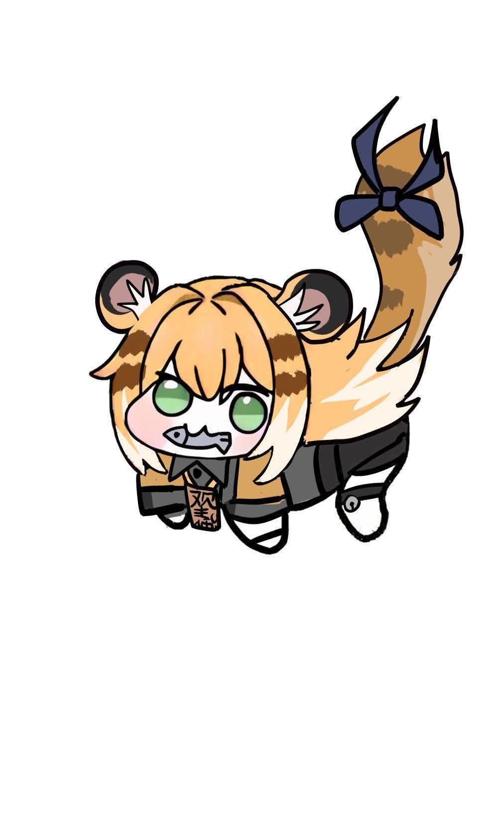 1girl, animal_ears, doro_(nikke), fish_in_mouth, ju_fufu, long_hair, tiger_ears, tiger_tail