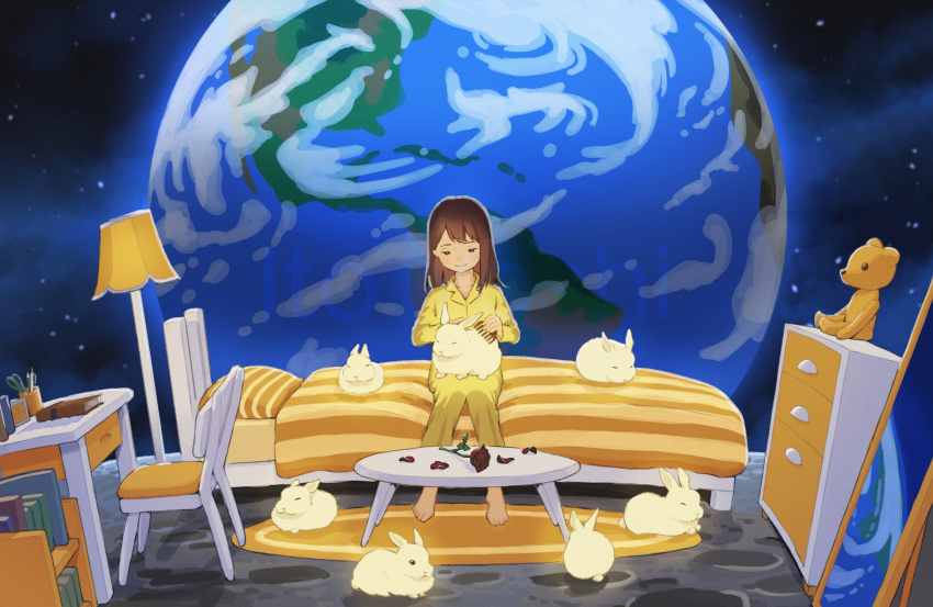 1girl, artist_name, bed, bed_sheet, bedroom, book, bookshelf, brushing_animal