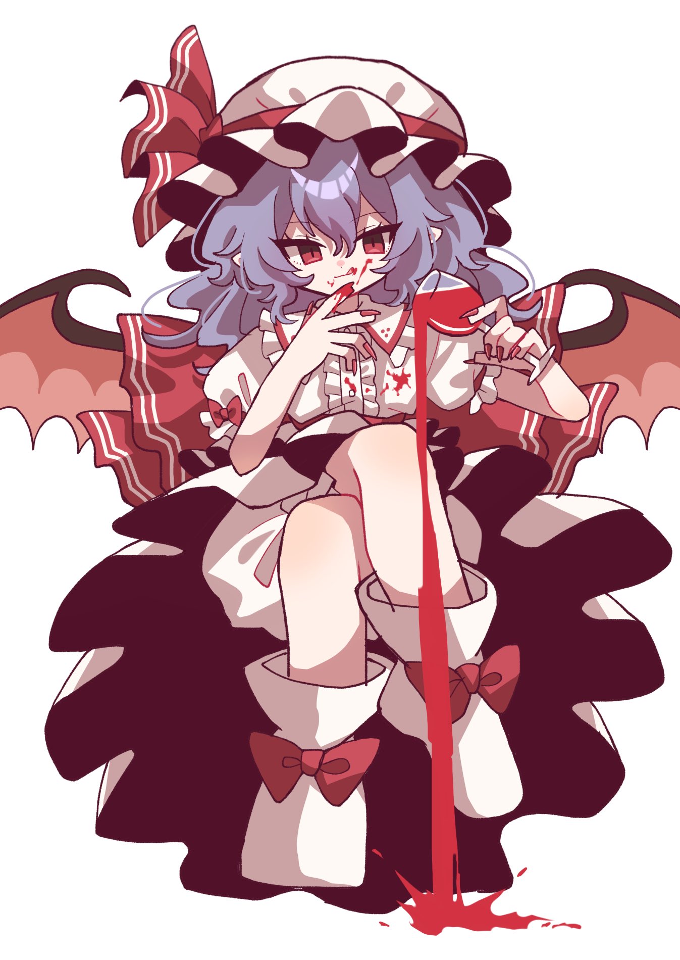 1girl, bat_wings, blood, cup, drinking_glass, furiba_794, hat, hat_ribbon