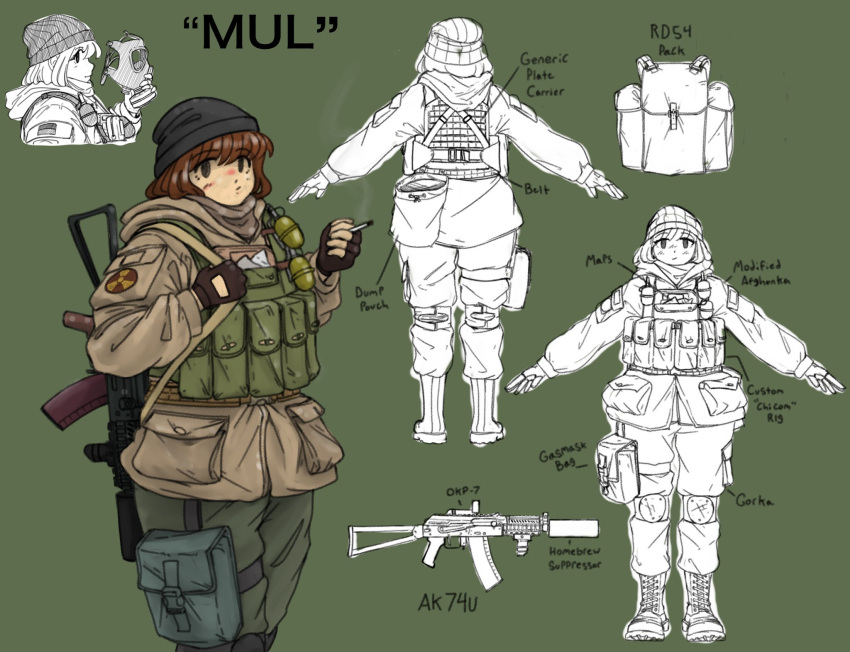 aks-74u, assault_rifle, beanie, chest_rig, cigarette, explosive, grenade, gun