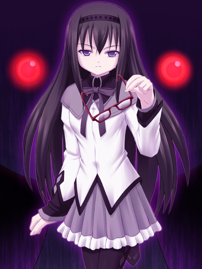 akemi_homura, black_hair, black_legwear, black_pantyhose, glasses, hairband, headband, highres, holding, holding_glasses, kyubey, kyuubee, magical_girl, mahou_shoujo_madoka_magica, murasaki_ookami, pantyhose, purple_eyes, red-framed_glasses, removed_glasses, solo, spoilers, tears, violet_eyes