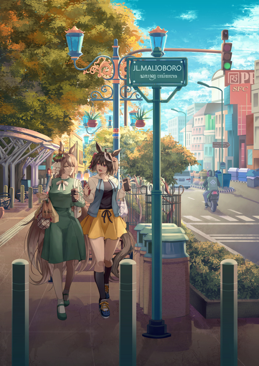 2girls, absurdres, animal_ears, black_hair, black_shirt, blue_jacket, brown_hair, closed_eyes