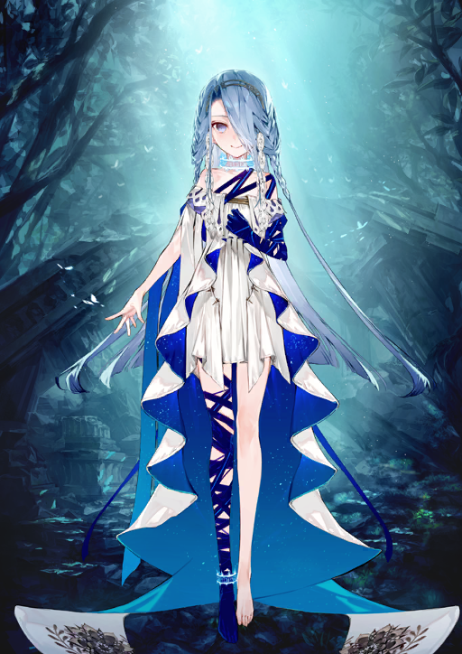 1girl, anklet, aqua_background, arm_at_side, asymmetrical_legwear, asymmetrical_sleeves, bandaged_arm, bandaged_leg, bandages, blue_eyes, blue_hair, braid, choker, closed_mouth, curtained_hair, dress, fate/grand_order, fate_(series), floating_hair, full_body, game_cg, hair_over_one_eye, hairband, hand_on_own_chest, high-low_dress, hotosoka, jewelry, layered_dress, long_hair, looking_at_viewer, mismatched_legwear, mismatched_sleeves, off-shoulder_dress, off_shoulder, official_art, one_eye_covered, single_bare_foot, single_bare_leg, single_bare_shoulder, smile, solo, standing, third-party_source, toes, two-sided_dress, two-sided_fabric, typhon_ephemeros_(fate), typhon_epsilon_(fate), variant_set, very_long_hair, white_dress