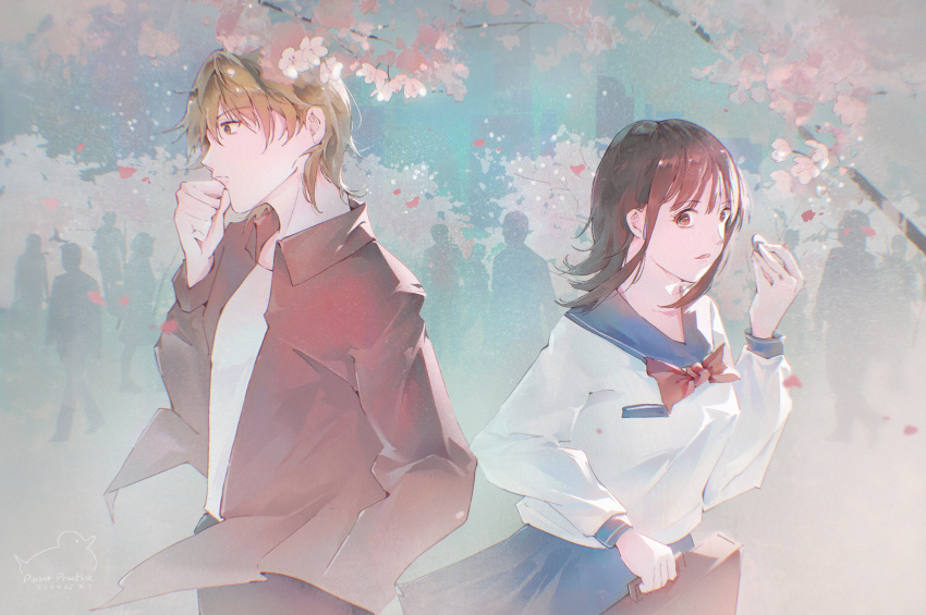 1girl, absurdres, akiyama_shinichi, blonde_hair, blue_background, blue_sailor_collar, blue_skirt, bow