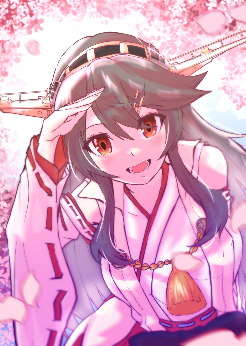 1girl, absurdres, arm_up, blush, detached_sleeves, grey_hair, hair_between_eyes, hairband, haruna_(kancolle), highres, kantai_collection, long_hair, mask_(maskmannerz), nontraditional_miko, open_mouth, pink_petals, red_skirt, salute, sidelocks, skirt, solo