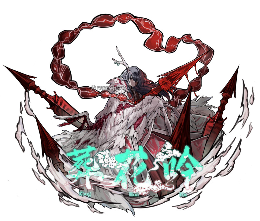 1boy, antler_ring, antlers, aqua_eyes, black_eyes, black_hair, chinese_clothes, cloak