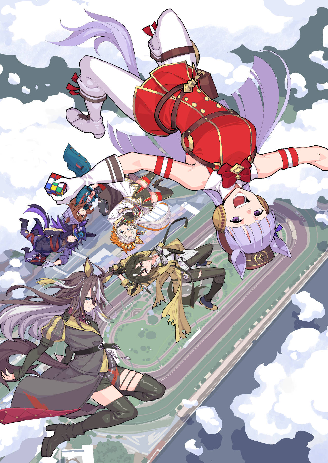 6+girls, animal_ears, armband, beanie, black_coat, black_hair, black_thighhighs, blonde_hair