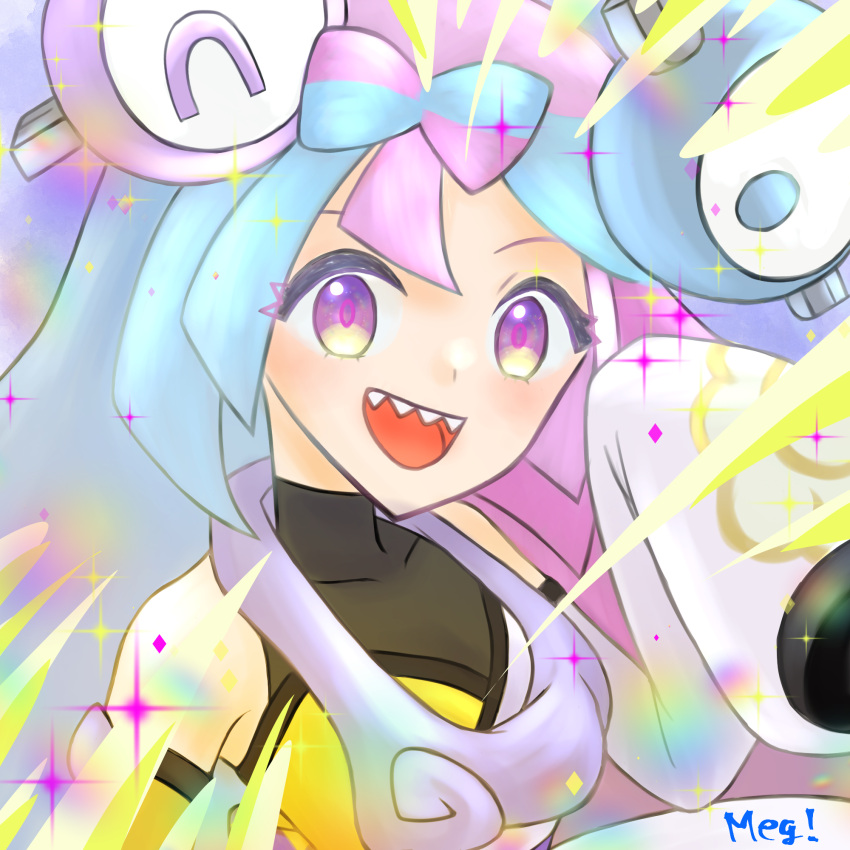 1girl, :d, appleberry9, bare_shoulders, blue_hair, bow-shaped_hair, character_hair_ornament, hair_ornament