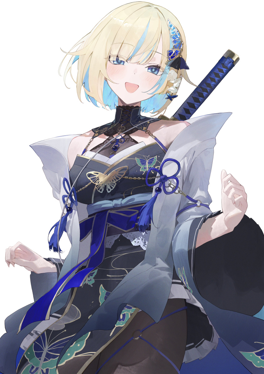 1girl, absurdres, aizawa_ema, aizawa_ema_(5th_costume), aqua_hair, bare_shoulders, blonde_hair, blue_eyes, colored_inner_hair, hair_ornament, highres, long_sleeves, looking_at_viewer, multicolored_hair, pantyhose, short_hair, solo, streaked_hair, sword, virtual_youtuber, vspo!, weapon, weapon_on_back, yu_(ba9ama)