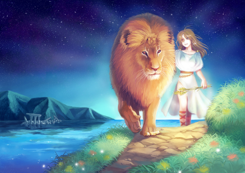 aura, bad_id, brown_hair, dress, highres, lion, mane, mountain