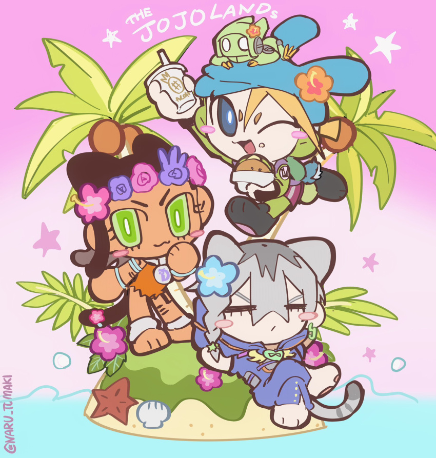 1girl, 2boys, :3, animal_ears, barefoot, beach, black_bridal_gauntlets, blonde_hair