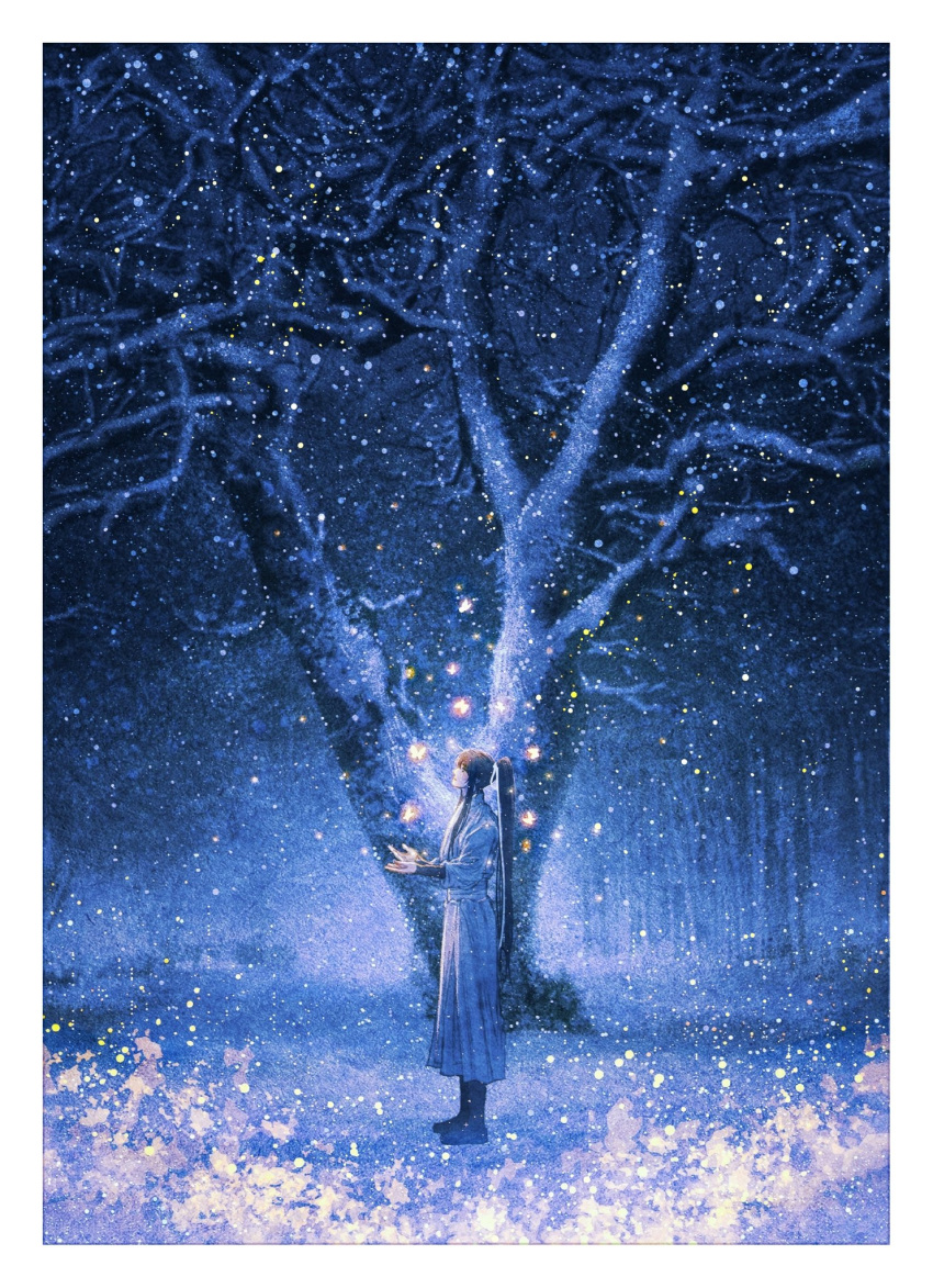 1boy, bare_tree, bellta_(kimbellta), black_boots, black_hair, boots, border, bug