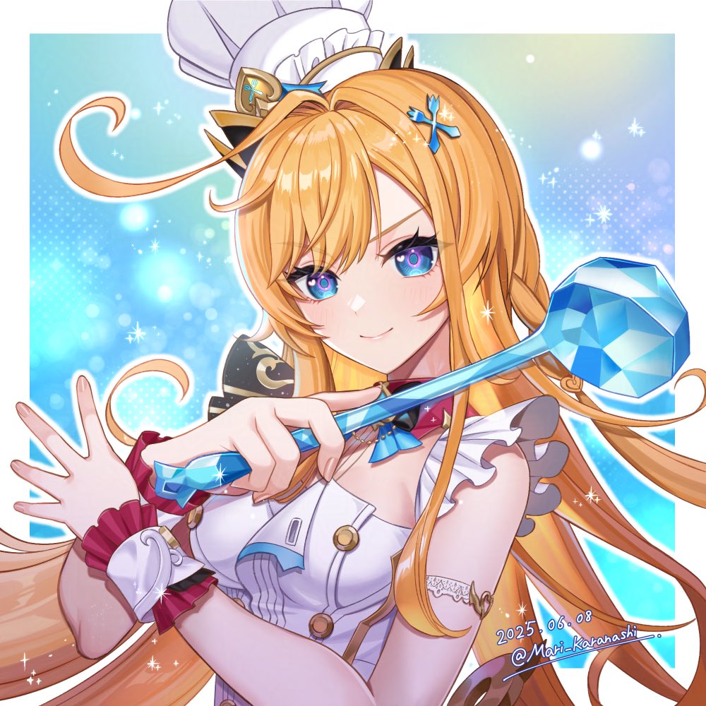 1girl, ahoge, apron, armlet, blonde_hair, blue_eyes, breasts, chef