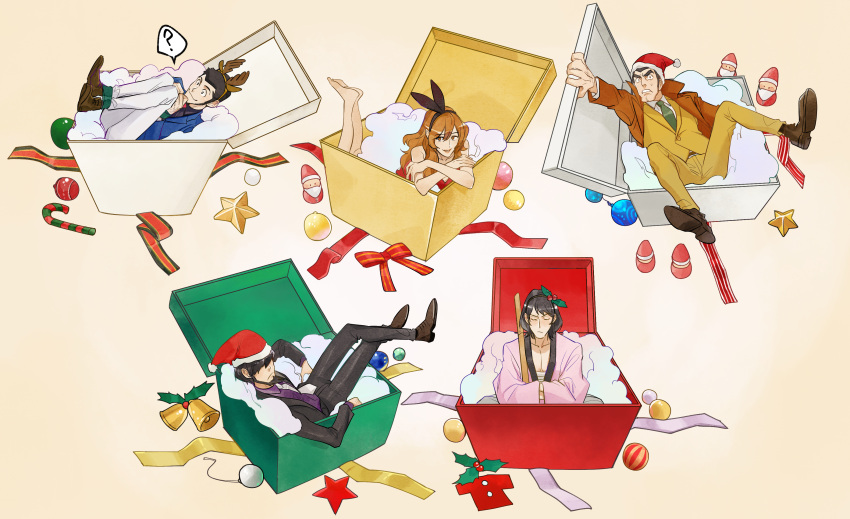 1girl, 4boys, ?, absurdres, arsene_lupin_iii, bell, black_hair, black_hairband