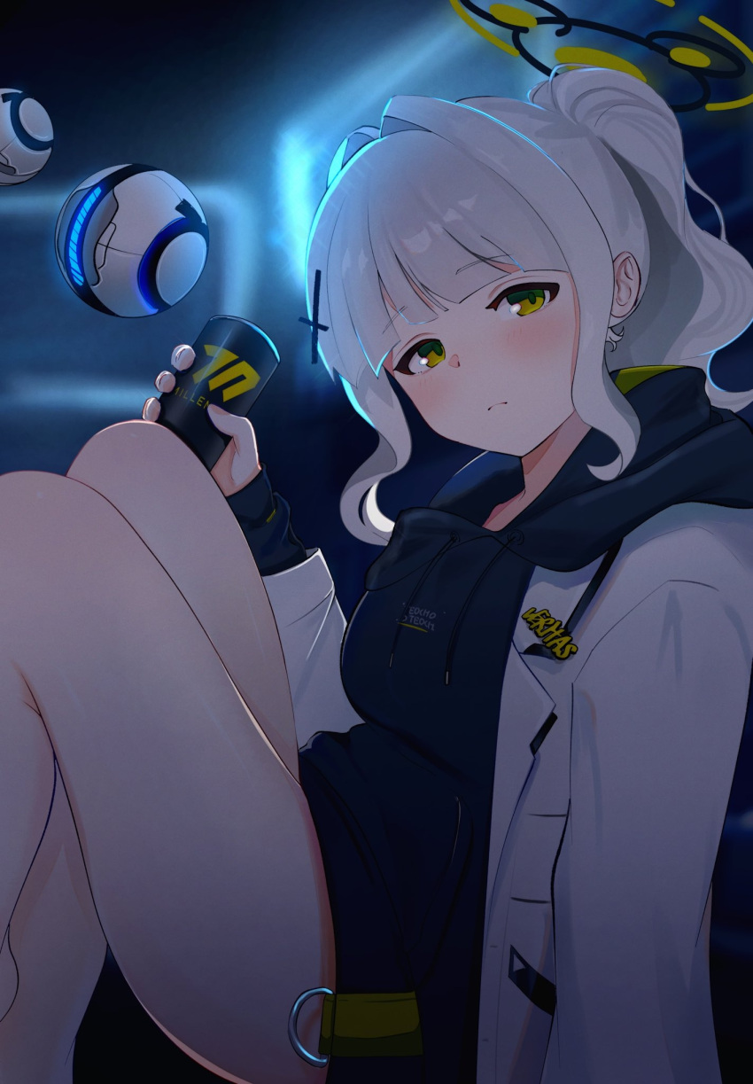 1girl, black_hoodie, blue_archive, blush, can, closed_mouth, commentary, cross_hair_ornament