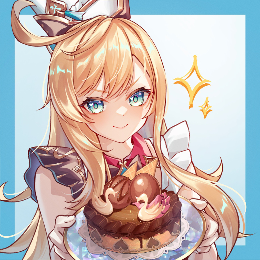 >:), 1girl, absurdres, ahoge, apron, blonde_hair, blue_border, blue_eyes