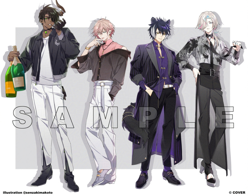 4boys, ;p, alternate_costume, alternate_hairstyle, animal_ears, aqua_hair, aragami_oga, bare_shoulders