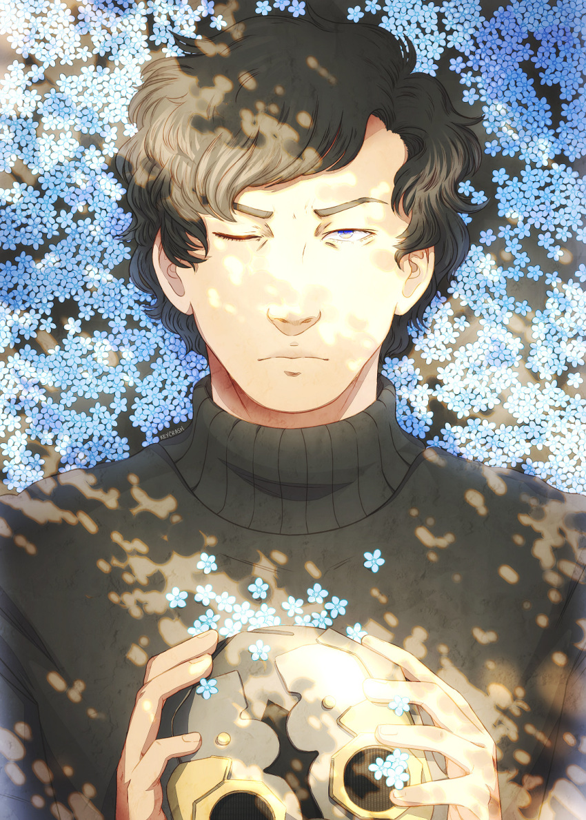 1boy, black_hair, black_shirt, blue_eyes, closed_mouth, commentary, dappled_sunlight, english_commentary
