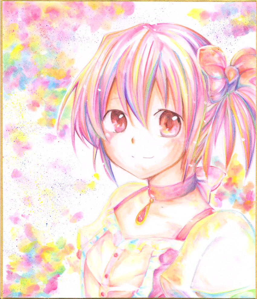 3gou, absurdres, bow, bust, hair_bow, highres, kaname_madoka, magical_girl, mahou_shoujo_madoka_magica, pink_eyes, pink_hair, shikishi, short_twintails, solo, traditional_media, twintails