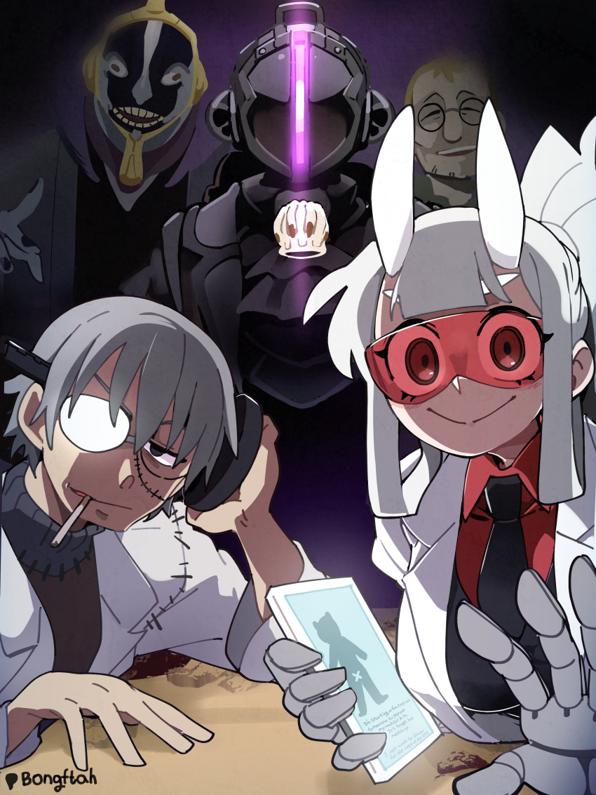 1girl, 4boys, absurdres, black_necktie, black_vest, bleach, bondrewd, bongfill