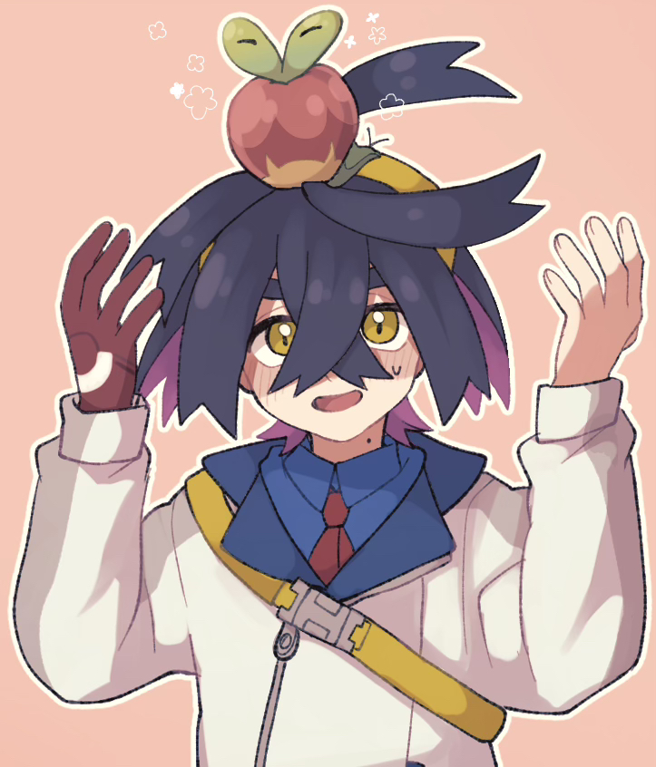 1boy, applin, black_hair, blue_shirt, blush, collared_shirt, crossed_bangs, flower_symbol
