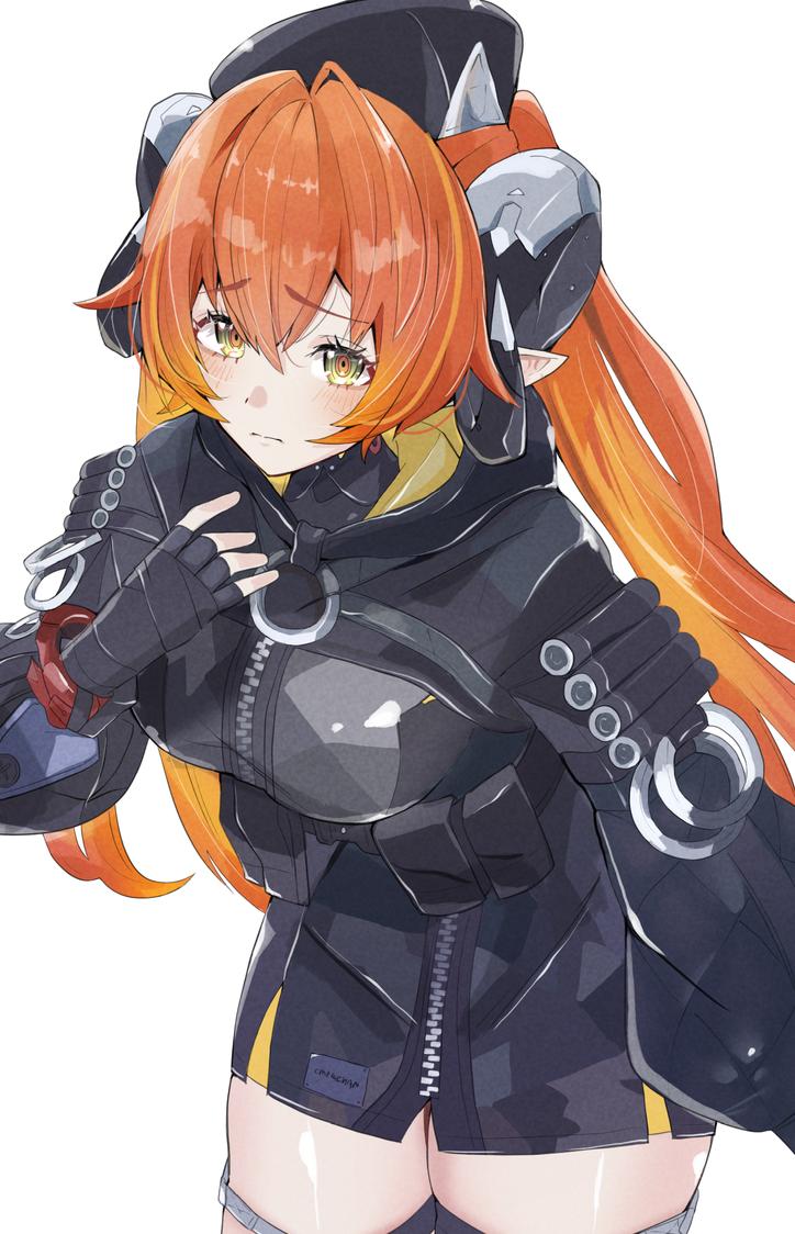 1girl, asymmetrical_gloves, black_coat, blush, coat, cowboy_shot, dragon_girl, dragon_horns, gaohuang43450, gloves, hair_between_eyes, hood, hoodie, horns, long_hair, looking_at_viewer, mismatched_gloves, orange_hair, orange_pupils, orpheus_(zenless_zone_zero), pointy_ears, zenless_zone_zero