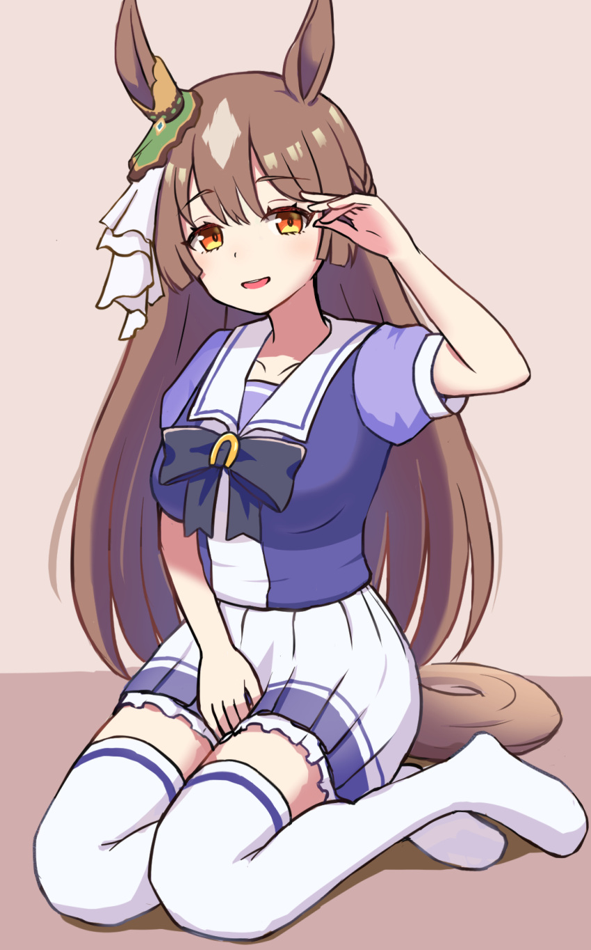 animal_ears, brown_hair, ear_ornament, gdgd, hand_up, highres, horse_ears, horse_girl