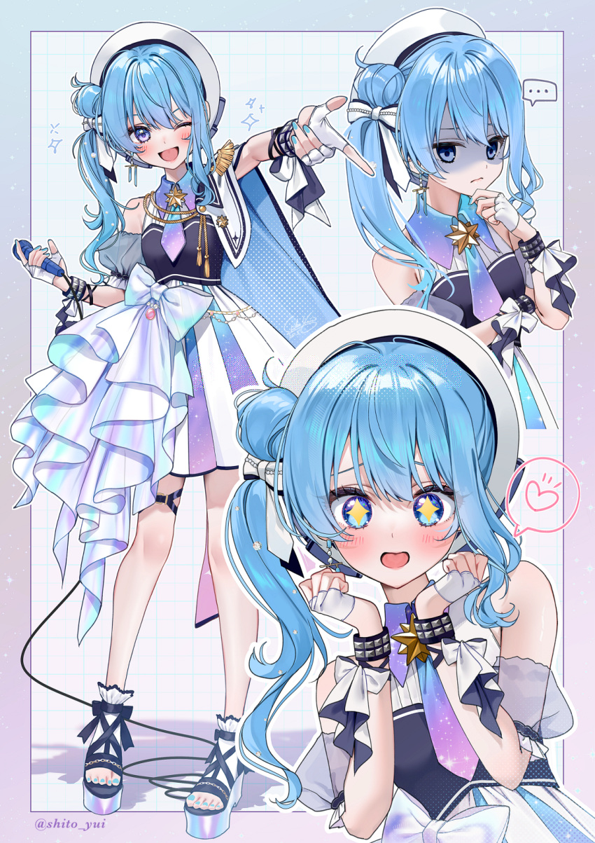 +_+, 1girl, ;d, beret, blue_dress, blue_eyes, blue_hair, blue_nails
