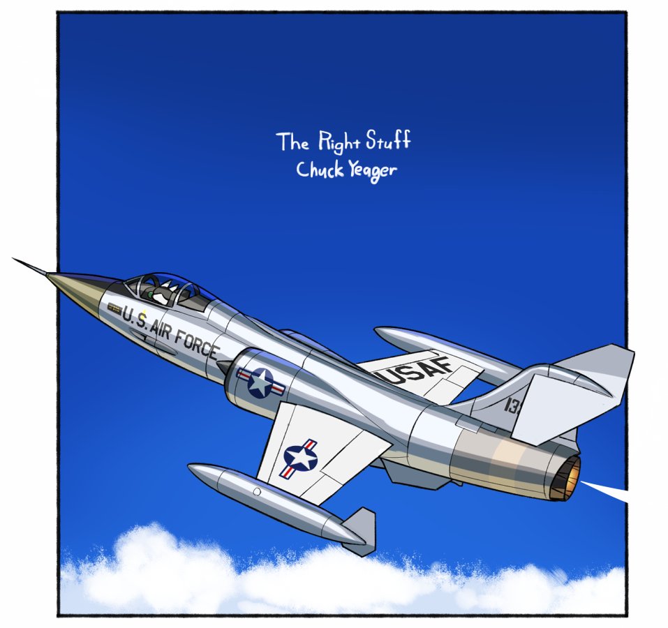 aircraft, airplane, blue_sky, border, character_name, clouds, commentary_request, f-104_starfighter