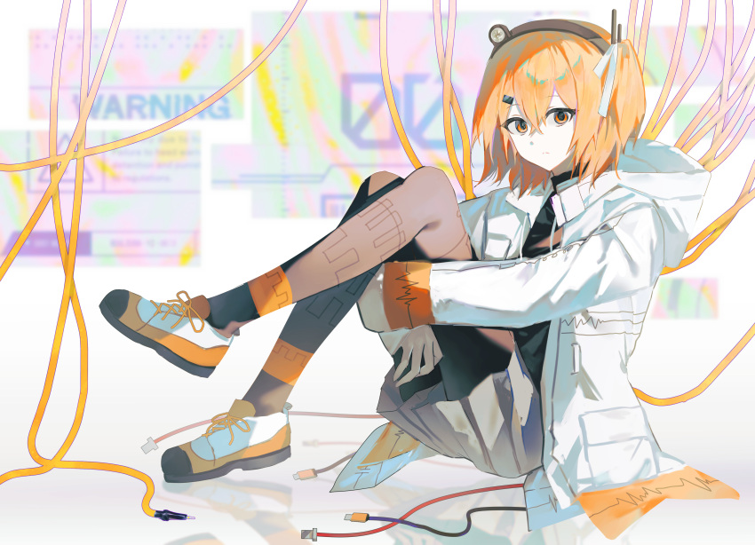 7731nm, absurdres, adachi_rei, black_leggings, black_shirt, cable, computer_chip, grey_skirt