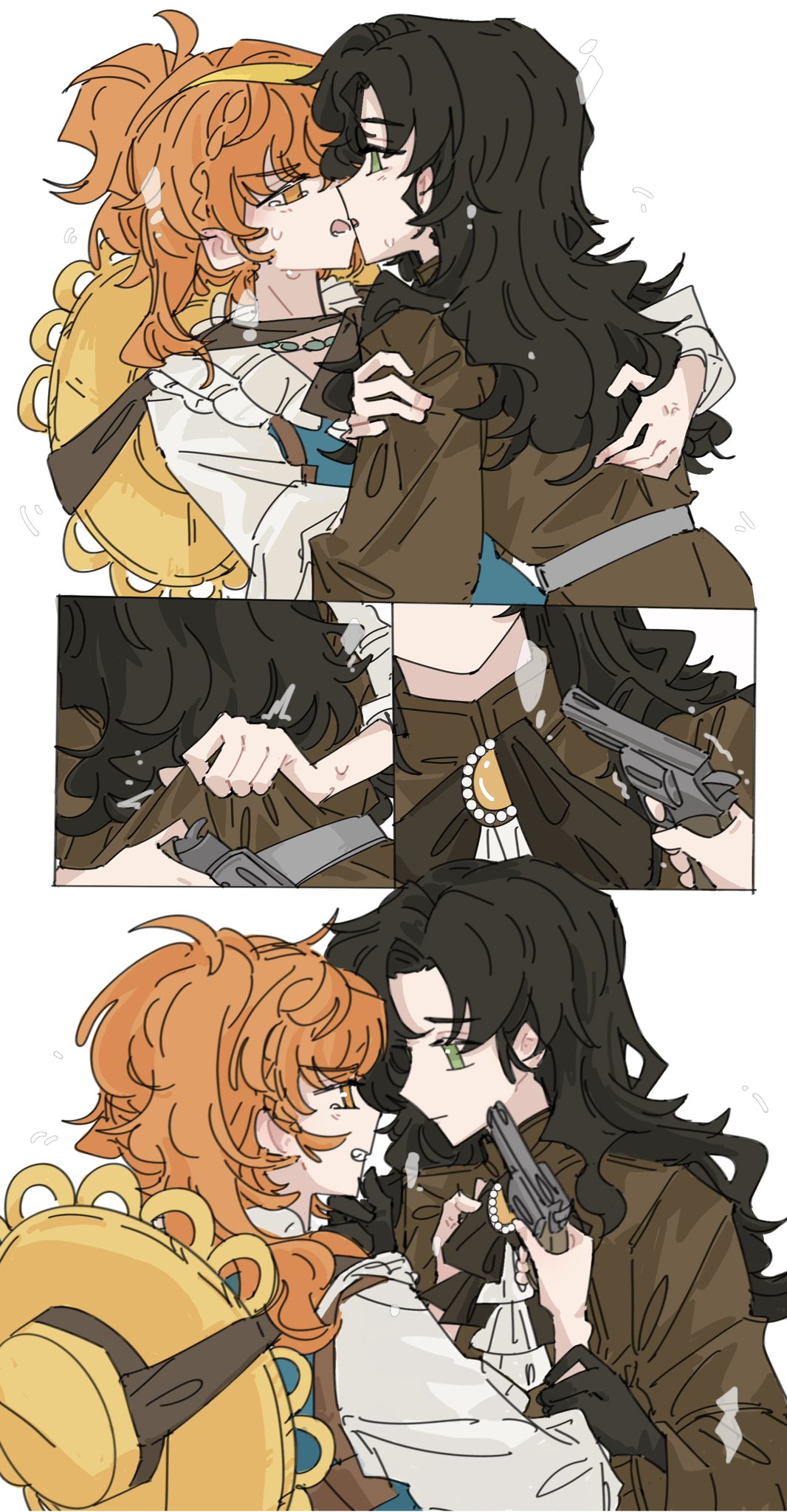 2girls, black_gloves, black_hair, blue_vest, brown_shirt, face-to-face, gelinzzz, gloves, green_eyes, gun, highres, holding, holding_gun, holding_weapon, long_hair, looking_at_another, lopera_(reverse:1999), moldir_(reverse:1999), multiple_girls, no_pupils, orange_eyes, orange_hair, reverse:1999, shirt, siblings, sisters, step-siblings, tears, vest, weapon, white_background, white_shirt, yuri