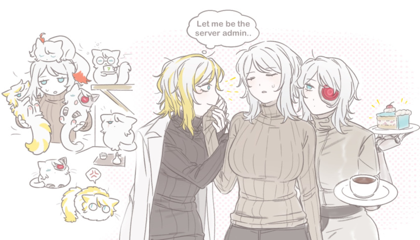 3girls, animalization, artificial_eye, black_pants, black_sweater, blade_lineage_(identity)_(project_moon), blue_eyes, breasts, cake, cat, closed_eyes, closed_mouth, cup, dress, faust_(project_moon), food, glasses, highres, large_breasts, lce_(identity)_(project_moon), limbus_company, long_sleeves, mechanical_arms, mechanical_eye, multicolored_hair, multicrack_office_(identity)_(project_moon), multiple_girls, multiple_persona, n_corp._fanatic_(identity)_(project_moon), ohzv, open_mouth, pants, project_moon, ribbed_sweater, round_eyewear, seven_association_south_uniform, short_hair, smile, streaked_hair, sweat, sweater, teacup, white_dress, white_hair