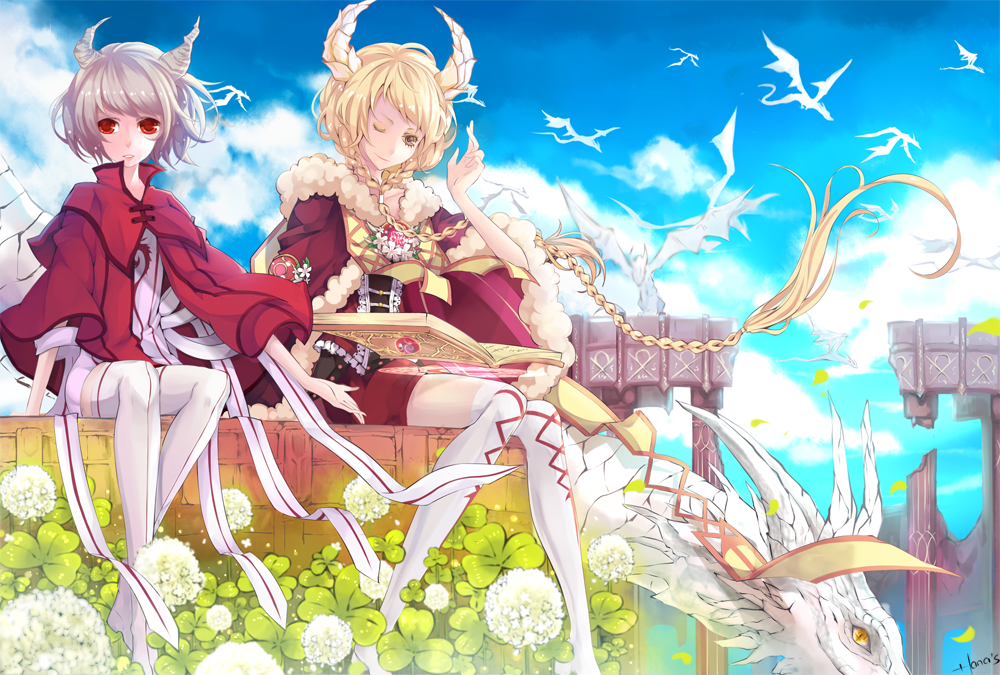 bad_id, blonde_hair, book, braid, clover, clover_(flower), dragon, dragon_girl