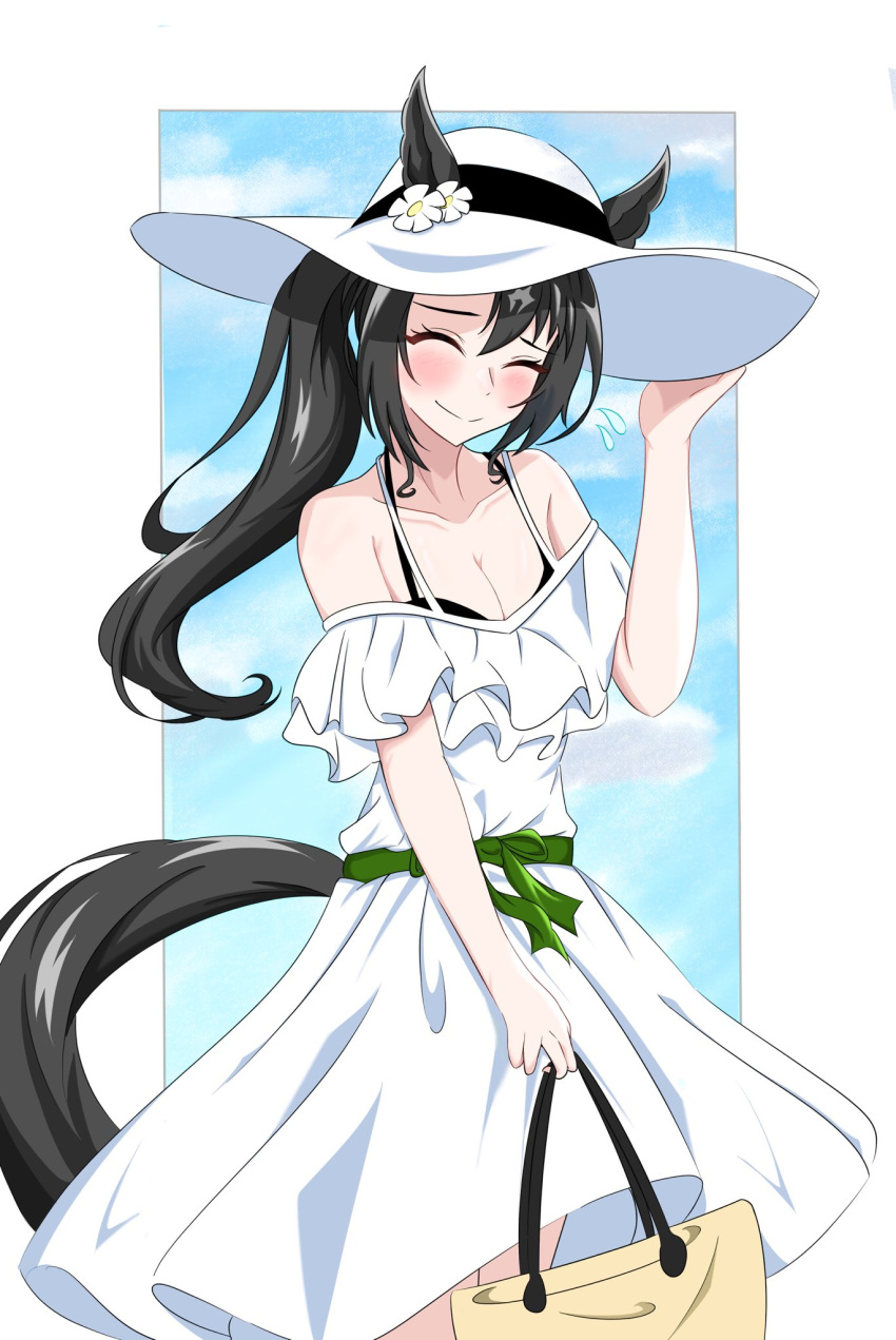 abyss_kpn_(ki), closed_eyes, dress, ear_flower, hat, highres, light_smile, satono_crown_(racehorse), satono_crown_(umamusume), side_ponytail, sun_hat, umamusume, white_dress