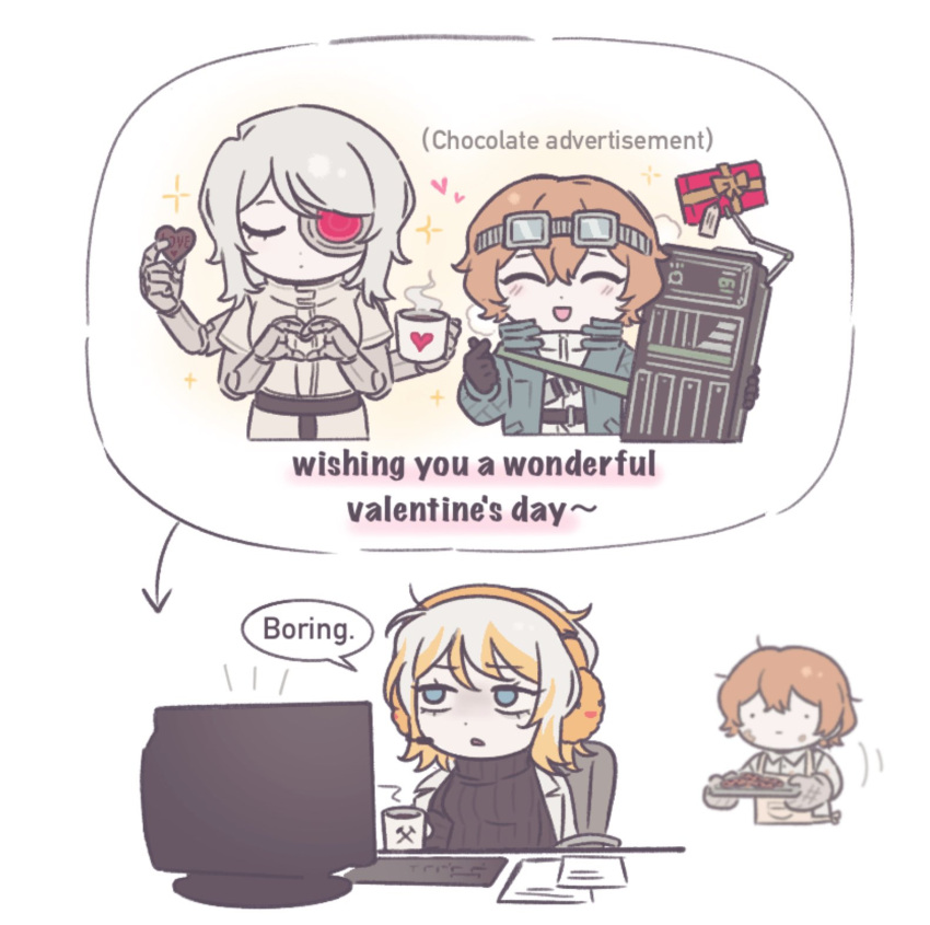 2boys, 2girls, ad, artificial_eye, black_sweater, blonde_hair, devyat'_association_north_uniform, extra_arms, faust_(project_moon), highres, holding, holding_tray, lab_coat, limbus_company, mechanical_arms, mechanical_eye, multicolored_hair, multicrack_office_(identity)_(project_moon), multiple_boys, multiple_girls, n_corp._fanatic_(identity)_(project_moon), ohzv, project_moon, ribbed_sweater, short_hair, sidelocks, simple_background, sinclair_(project_moon), speech_bubble, streaked_hair, sweater, tray, upper_body, valentine, white_background, white_hair