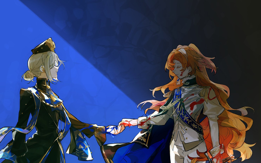 2girls, blood, blood_on_face, blue_background, blue_liquid, braid, closed_eyes, double_side_ponytail