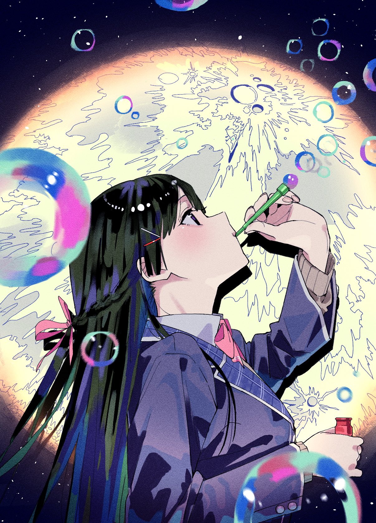 1girl, black_hair, blowing_bubbles, blue_jacket, bottle, bow, bowtie, braid, bubble, bubble_pipe, closed_mouth, drop_shadow, from_side, full_moon, hair_ornament, hair_ribbon, hairpin, half_up_braid, hand_up, hashtag-only_commentary, highres, holding, holding_bottle, jacket, lapels, light_blush, long_hair, long_sleeves, looking_up, moon, multiple_hairpins, mutu_katano, night, night_sky, nijisanji, pink_bow, pink_bowtie, pink_ribbon, plaid_lapels, ribbon, sky, solo, star_(sky), tsukino_mito, tsukino_mito_(1st_costume), upper_body, very_long_hair, violet_eyes, virtual_youtuber