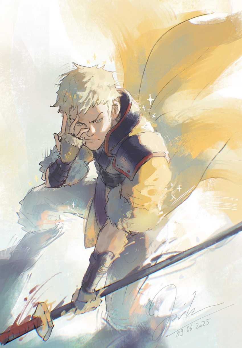 1boy, armor, backlighting, belt, black_belt, blonde_hair, blue_eyes, bracer