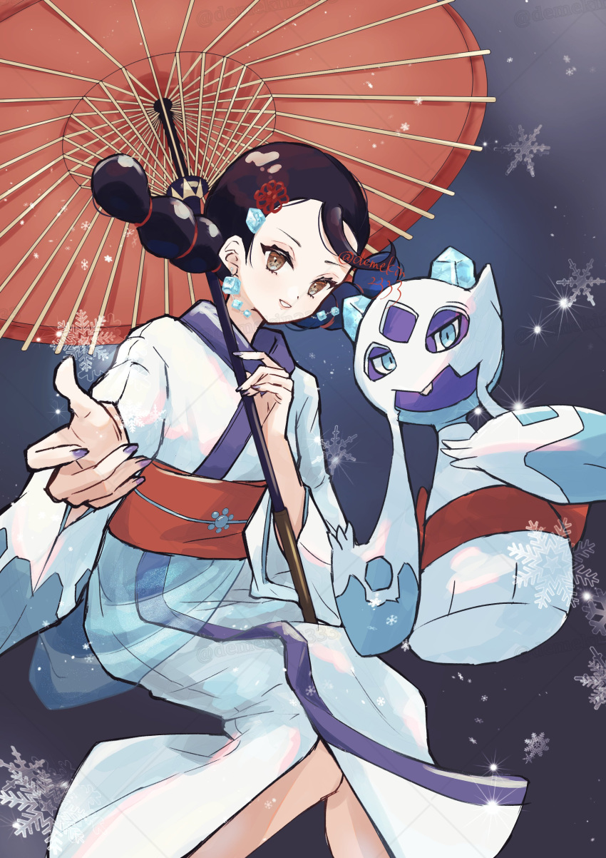 1girl, absurdres, black_hair, breasts, brown_eyes, candice_(pokemon), cosplay, demekin2333
