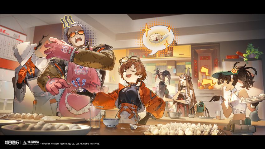 1boy, 1other, 4girls, :d, anger_vein, apron, black_coat, black_gloves