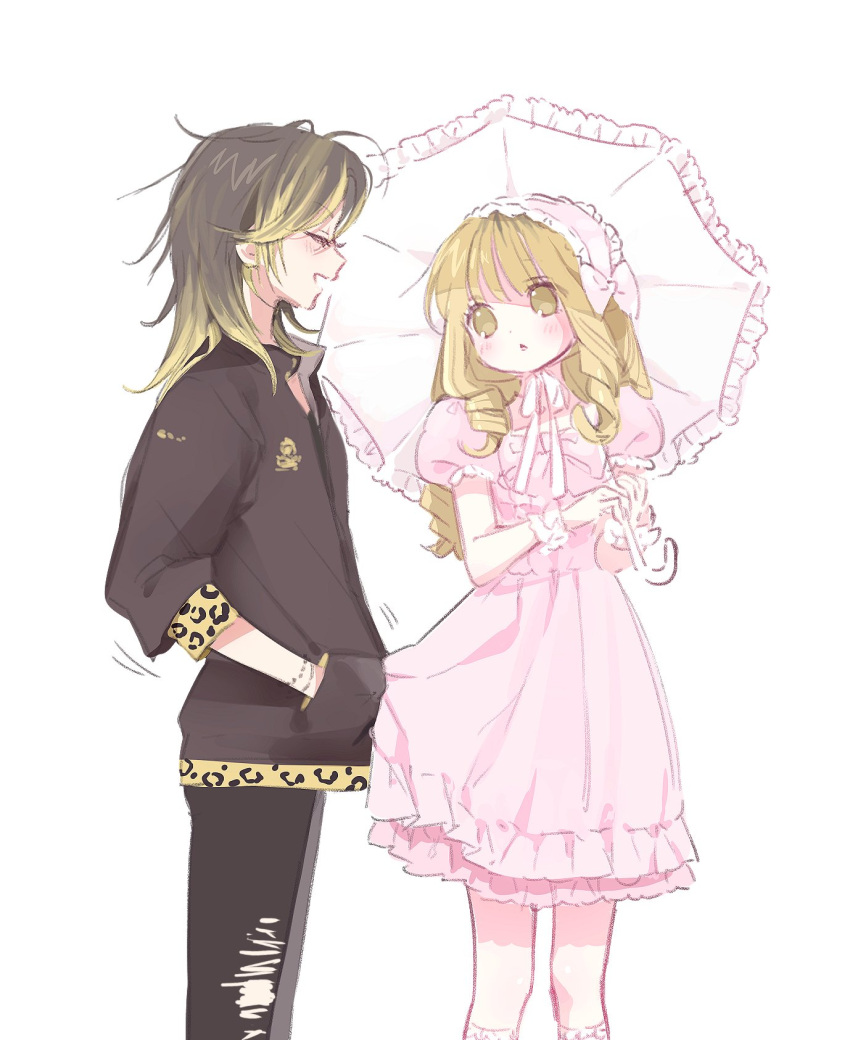 2girls, black_hair, black_jacket, black_pants, blonde_hair, closed_eyes, colored_tips, cowboy_shot