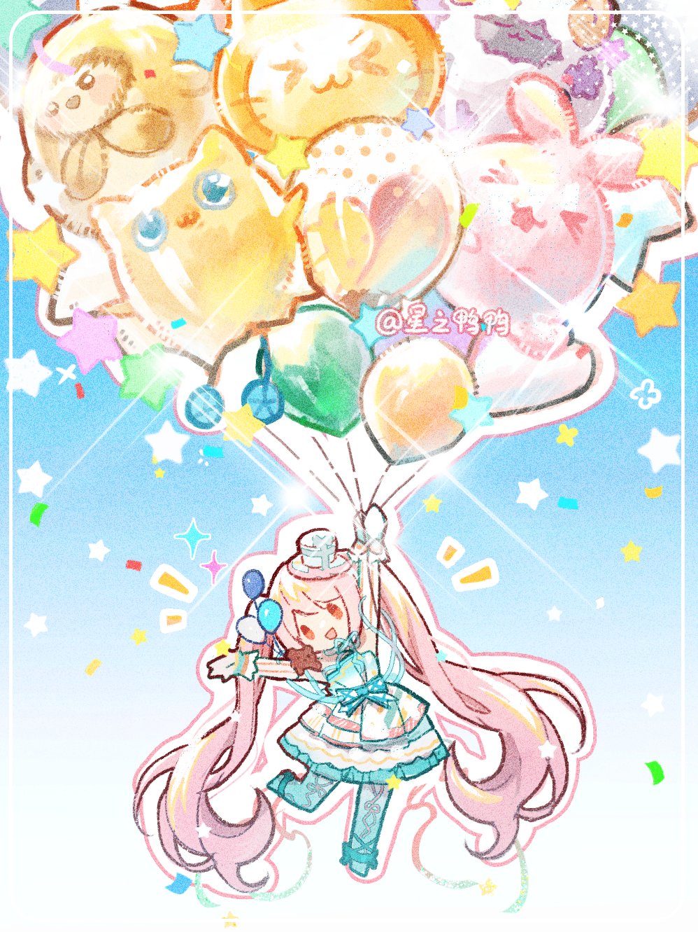 1girl, absurdly_long_hair, aqua_boots, aqua_bow, aqua_ribbon, aqua_thighhighs, arm_up, artist_name, balloon, beanie_(infinity_nikki), blue_background, blushbunny, boots, bow, character_balloon, cherilynorz, children's_day, commentary, confetti, dance_till_dawn_(infinity_nikki), deformed, detached_sleeves, dress, english_commentary, floating, florasheep, footwear_bow, frilled_dress, frills, gloves, gradient_background, halftone, happy, hat, highres, holding, holding_balloon, hooded_owl_(infinity_nikki), infinity_nikki, long_hair, mini_hat, mini_top_hat, momo_(nikki), neck_ribbon, nikki_(series), notice_lines, official_alternate_costume, open_mouth, orange_eyes, outline, piecey, pink_hair, pleated_dress, polka_dot, polka_dot_bow, ribbon, ribbon_legwear, smile, solid_oval_eyes, solo, sparkle, star_(symbol), strapless, strapless_dress, stuffed_animal, stuffed_toy, teddy_bear, thigh-highs, top_hat, twintails, vertical-striped_sleeves, very_long_hair, waist_bow, white_background, white_dress, white_gloves, white_hat, white_outline, white_ribbon, white_sleeves