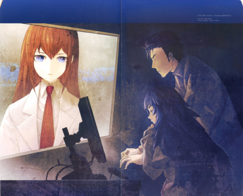 1boy, 2girls, absurdres, beard_stubble, black_hair, blunt_bangs, breasts, brown_hair