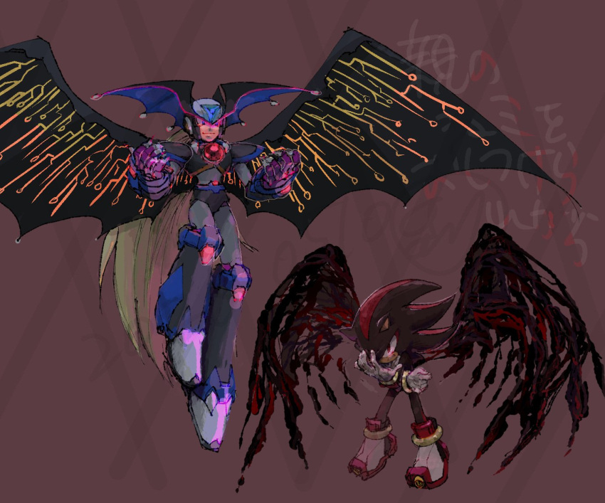2boys, absolute_zero_(mega_man), armor, black_armor, black_fur, black_helmet, black_wings, body_fur