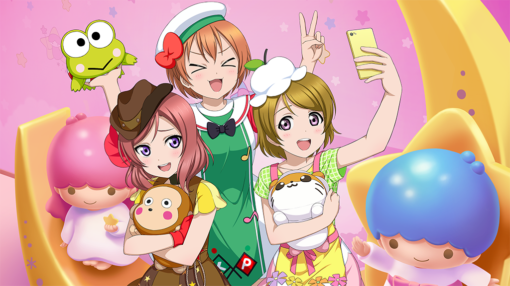 >_<, 3girls, :d, blush, brown_dress, brown_hat, cellphone, character_doll, collarbone, corocorokuririn, cowboy_hat, cowboy_shot, crossover, doll, dress, eighth_note, figure, frog, green_dress, hamster, hand_up, hands_up, hasunoue_keroppi, hat, holding, holding_doll, holding_phone, holding_stuffed_toy, hoshizora_rin, hugging_doll, hugging_object, kero_kero_keroppi, kiki_(little_twin_stars), lala_(little_twin_stars), little_twin_stars, looking_at_another, looking_at_object, looking_at_phone, looking_to_the_side, love_live!, love_live!_school_idol_project, medium_hair, monkey, monkichi_(sanrio), multiple_girls, musical_note, neck_ribbon, nesoberi, nishikino_maki, official_art, open_mouth, orange_hair, phone, puchiguru_love_live!, quarter_note, raised_inner_eyebrows, red_hair, ribbon, sanrio, selfie, shirt, short_hair, sitting, smartphone, smile, star_(symbol), string, stuffed_animal, stuffed_toy, teeth, upper_body, upper_teeth_only, v, v-shaped_eyebrows, violet_eyes, white_hat