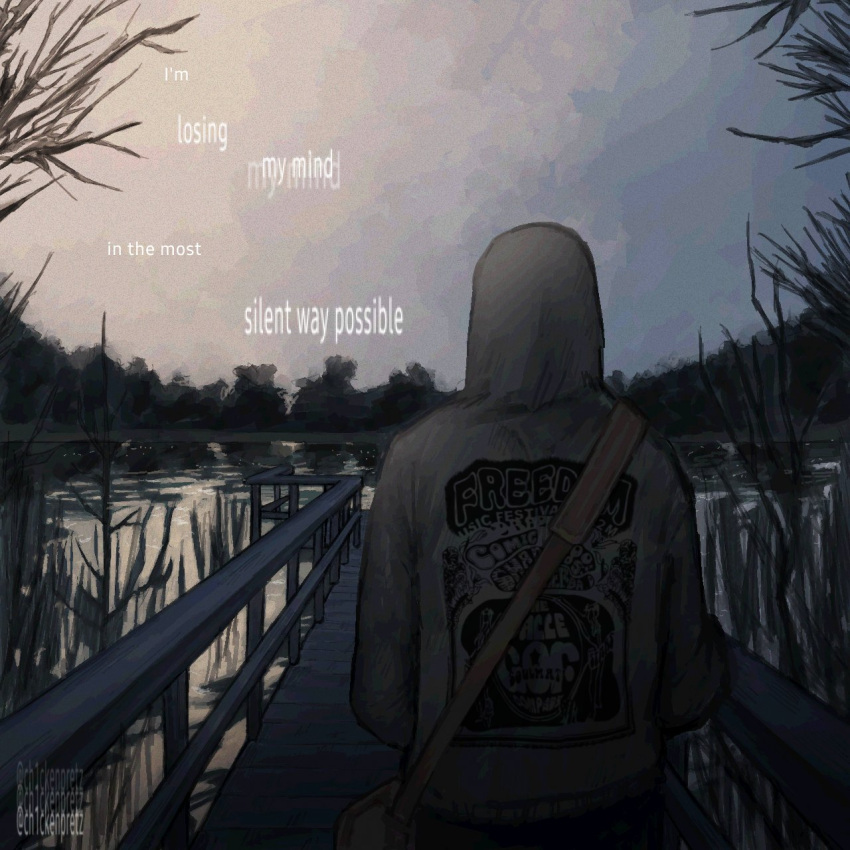 1boy, bag, branch, ch1ckenpretz, cry_of_fear, dappled_sunlight, english_text, forest